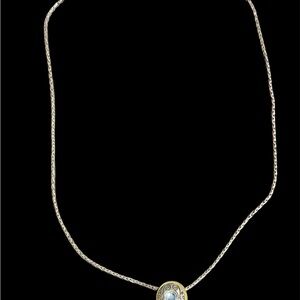 Silver Chain Necklace with Gold-Trimmed Blue Stone Pendant